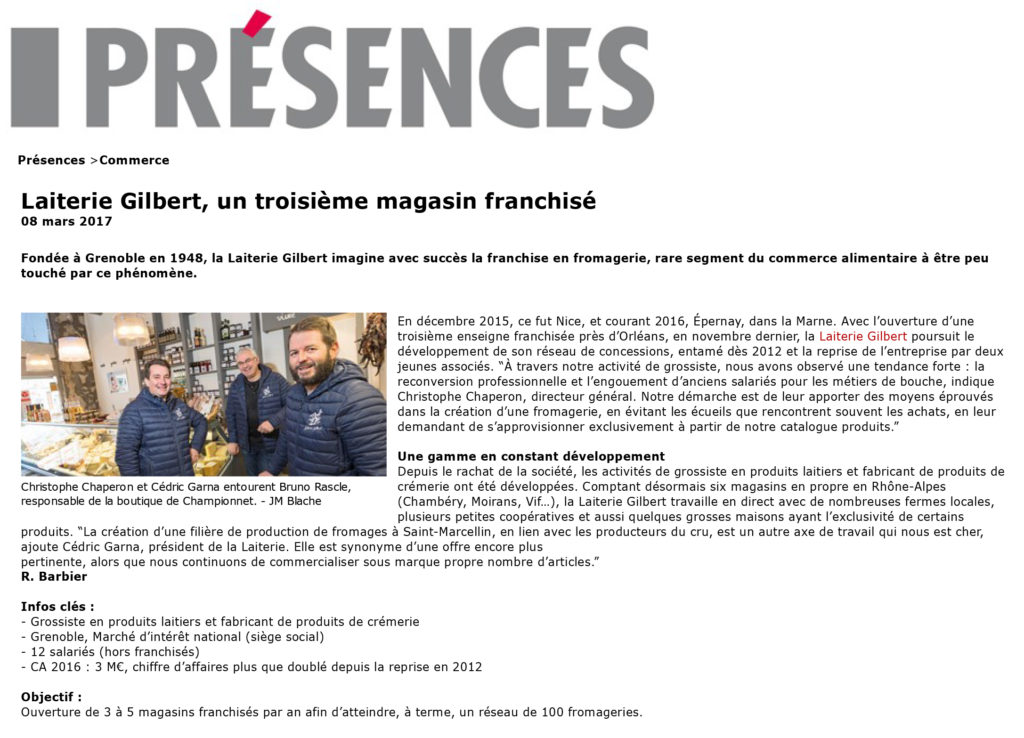 Article Laiterie Gilbert Présences