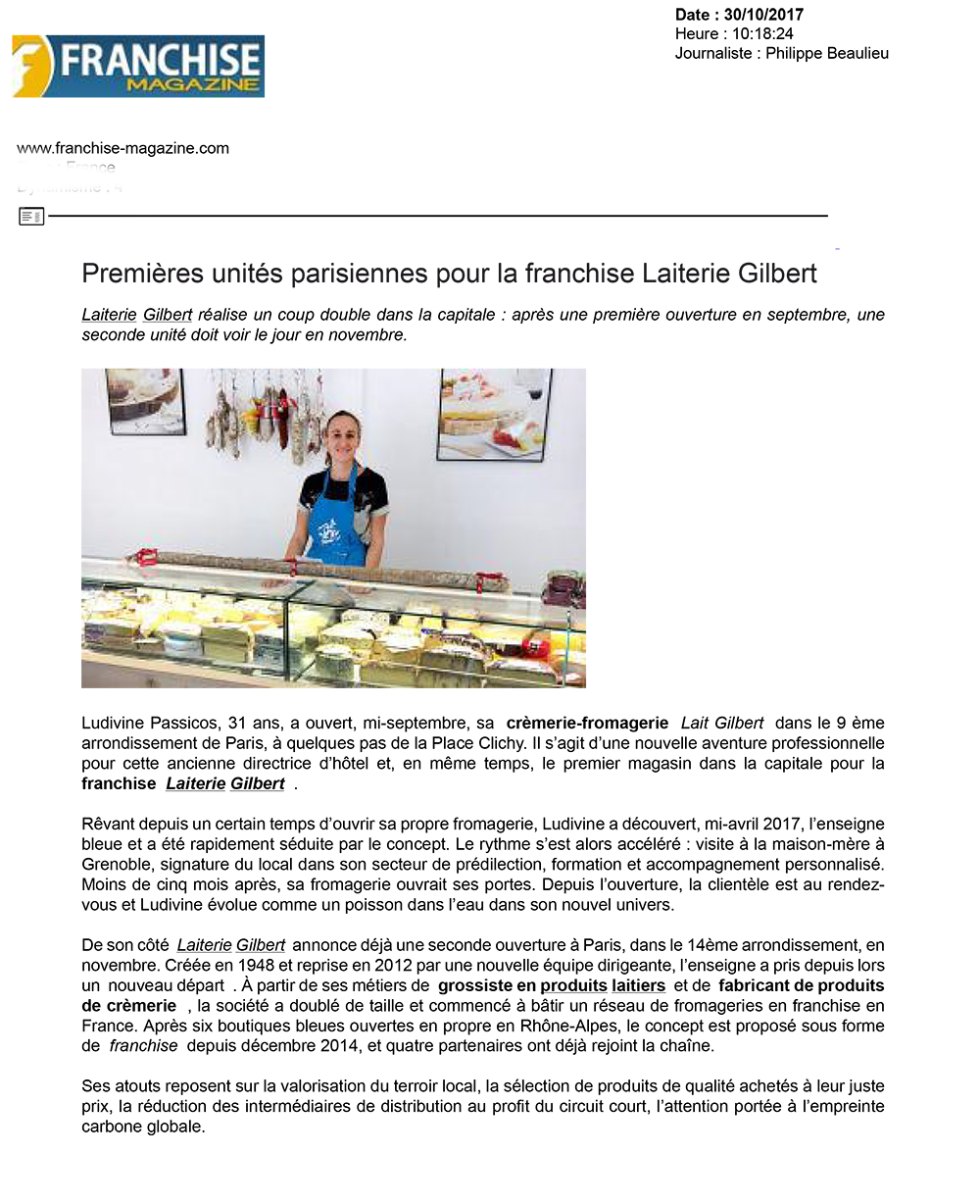 Article sur les franchises Laiterie Gilbert